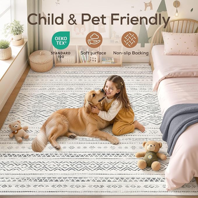 Nakagishi Area Rug Living Room Rugs: 6x9 Large Soft Machine Washable Boho Moroccan FarmNeutral Stain Resistant Indoor Floor Carpet for Bedroom Under Dining Table Home Office Decor-Grey