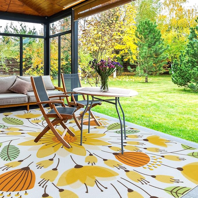 Lahome Floral Indoor Outdoor Rug, 6x9ft Non Slip Outdoor Patio Rug for Backyard Picnic, Soft Large Outdoor Camping Rugs for Balcony Deck, Washable RV Outdoor Rugs for Living Room Bedroom,Yellow
