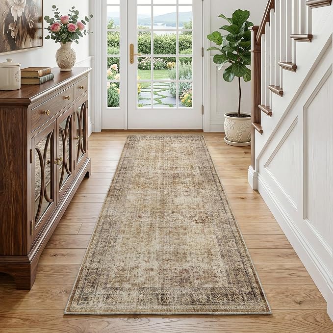 FMFUNCTEX 2x6 Hallway Runner Rug Brown Neutral Vintage Washable Distressed Non Slip Low Pile Oriental Indoor Carpet Soft Retro Entryway Rug for Kitchen Laundry Entrance Entry Living Room Bedroom