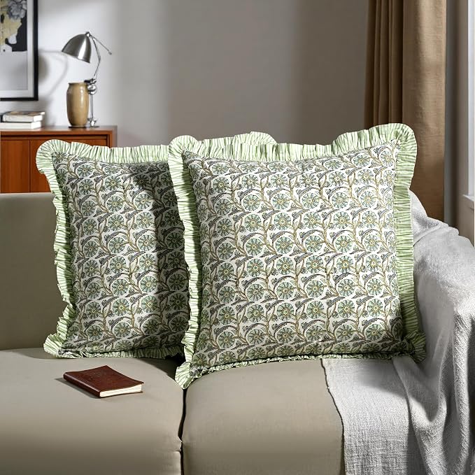 Ridhi Block Print Bloom Bubbles Throw Pillow Cover 24" x 24" (Pack of 2) Decorative Cushion Covers with Ruffle for Couch, Sofa, Bed, Living Room, Home Decor Gift for Spring, Easter, Valentine