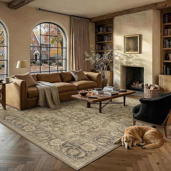 PureCozy 8x10 Brown Living Room Area Rug Vintage Washable Non Slip Indoor Carpet Distressed Low Pile Soft Retro Accent Throw Large Rug for Bedroom Dining Room Office