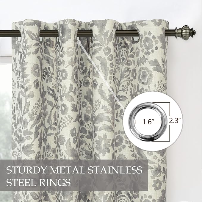 DriftAway Julia 100% Blackout Curtains Grommet 2 Panels, W52xL84, Gray | Floral Curtains, Bedroom, Living Room, Linen Blend, Watercolor Pattern, 2 Layers, Thermal Insulated, Window Treatment