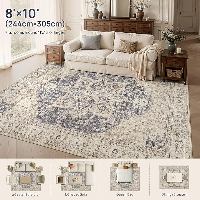 Tortania Area Rug Living Room Rugs - 8x10 Washable Boho Rug Vintage Oriental Distressed Farmhouse Large Thin Indoor Carpet for Living Room Bedroom Under Dining Table Home Office - Cream Blue