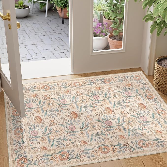 DUKINO 2x3 Rug, Washable Vintage Floral Bathroom Rugs Non Slip, Beige | Low Pile, Stain Resistant Boho Soft Indoor Door Mat, Small Front Door Carpet for Entryway Kitchen Laundry Bedroom Farmhouse