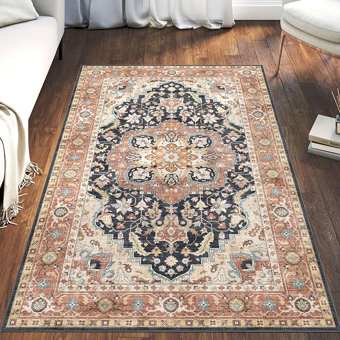 LUXRUG 3x5 Entry Rug - Small Washable Entryway Rug Non-Slip Farmhouse Terracotta Black Oriental Kitchen Rug Low Pile Medallion Carpet Throw Rugs for Living Room Bedroom Bathroom Entrance Mudroom Foyer