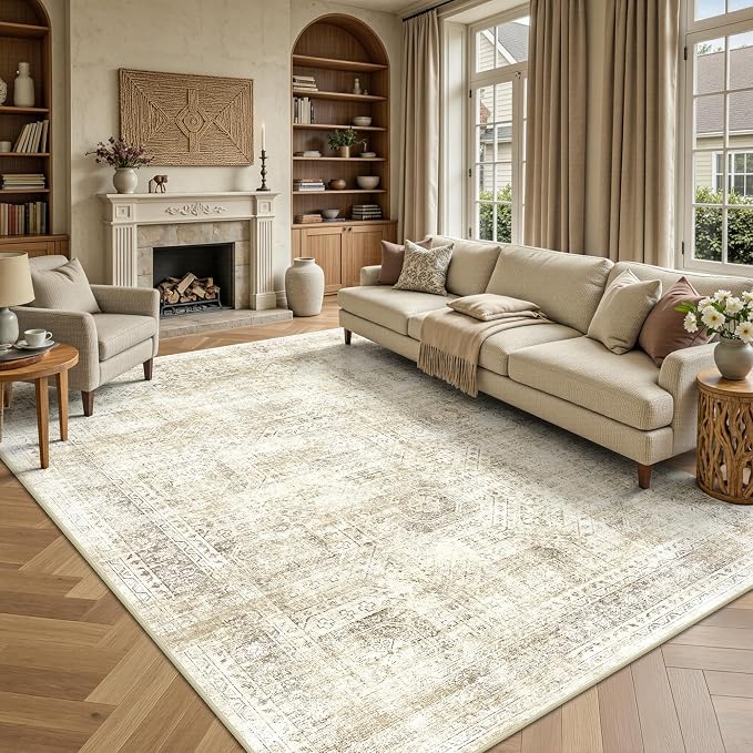 6x9 Area Rugs, Washable Vintage Retro Floral Rug for Living Room, Low Pile Non Slip Distressed Large Carpet for Bedroom, Dining Room, Office, Home (Beige)