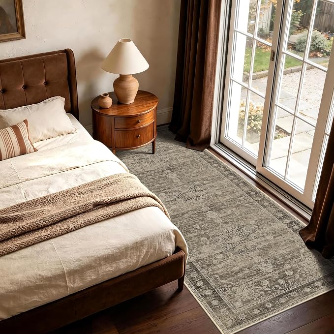 Washable Runner Rug 2.6x8 Brown, Vintage Boho Carpet Runners for Hallway | TTelephant Medallion Runner Carpet, for Hallways, Bedside, Kitchen, Low Pile Indoor, Non-Slip Silicone Backing, Non-Shedding