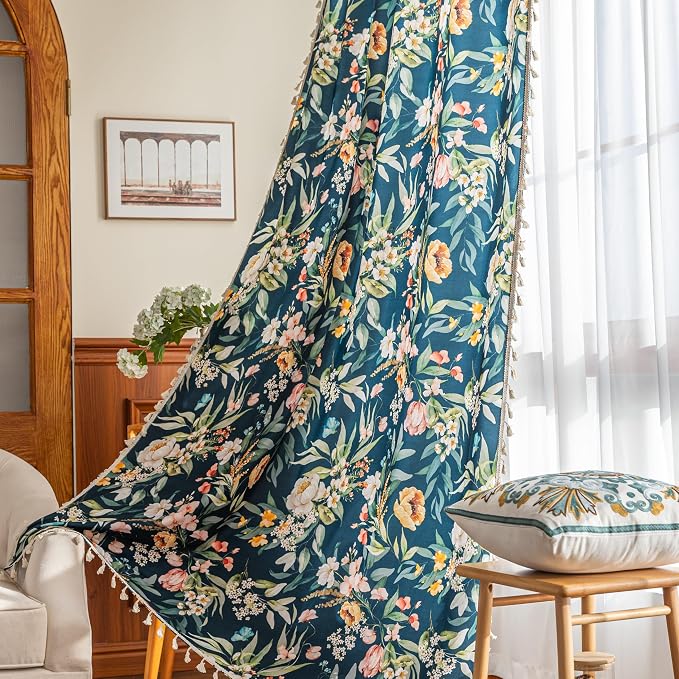 Boho Floral Curtains French Country Farmhouse Curtains 102 Inches Long Light Filtering Window Rod Pocket Drapes for Living Room 2 Panels-Navy Blue Floral