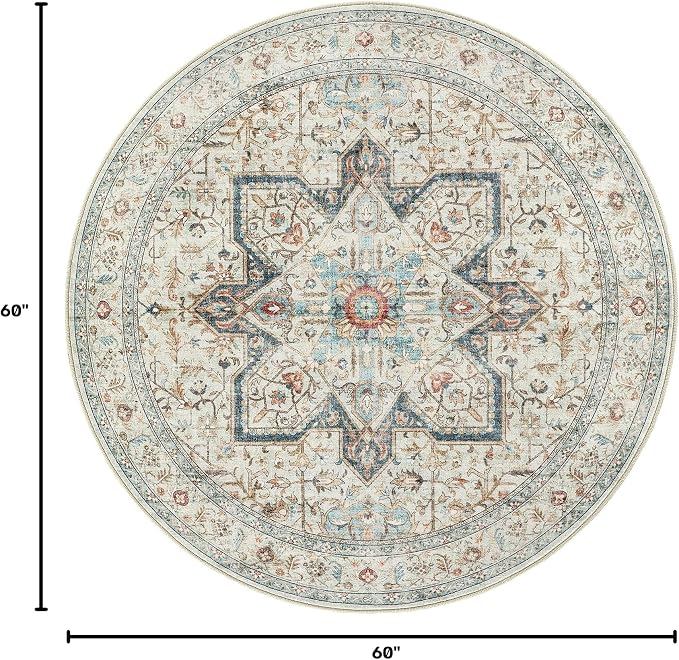 Tortania 5' Round Area Rug Living Room Rugs - Washable Boho Rug Vintage Oriental Distressed Farmhouse Large Thin Indoor Carpet for Bedroom Under Dining Table Home Office - Aqua Multi