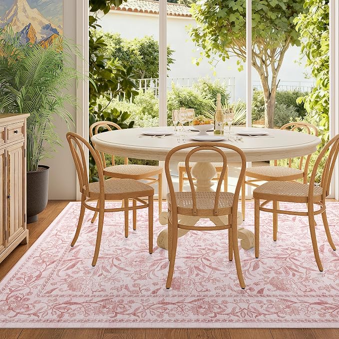 DUKINO 5x7 Area Rug, Vintage Floral Washable Rug for Living Room Light Pink | Non Slip, Low Pile, Non-Shedding, Stain Resistant Lightweight Boho Soft Carpet for Bedroom Home Office Dining Room Farmhouse
