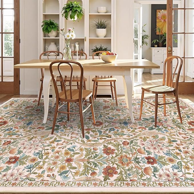 Floral Washable 6x9 Area Rug，Beige Boho Rugs for Living Room, Soft Low-Pile Non-Slip Stain Resistant & Non-Shedding Carpet for Bedroom,Dining Room,Office,Entryway,Nursery