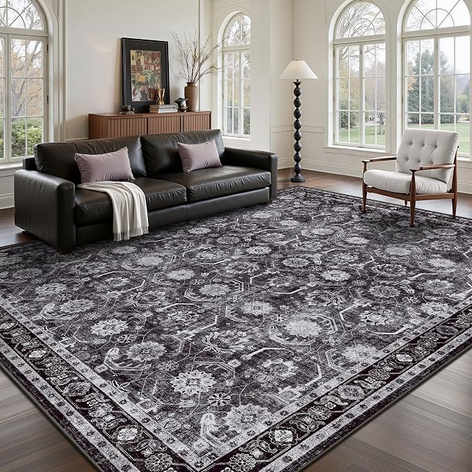 8x10 Area Rugs, Soft Non Slip Low Pile Washable Rug, Boho Modern Rug for Living Room, Bedroom, Dining Room, Black
