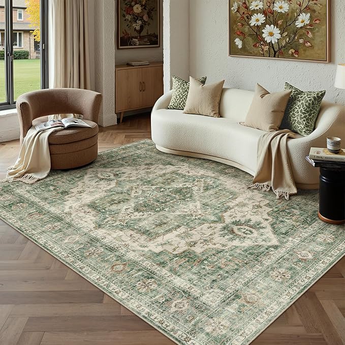 HUGEAR 5x7 Machine Washable Rug Green Area Rug Room Decor Vintage Distressed Living Room Rugs Non Slip Low Pile Soft Carpet for Bedroom Office Dining Room Soft Lightweight