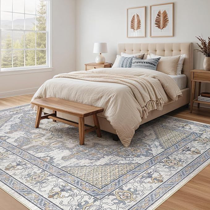 Tortania Area Rug Living Room Rugs - 7x9 Washable Boho Rug Vintage Oriental Distressed Farmhouse Large Thin Indoor Carpet for Living Room Bedroom Under Dining Table Home Office - Blue Beige