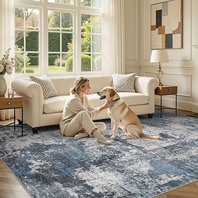 DMOYEST Area Rug Living Room Rugs - 10x12 Large Soft Indoor Neutral Modern Abstract Low Pile Washable Rug Carpet for Bedroom Dining Room Farmhouse Home Office - Grey Blue
