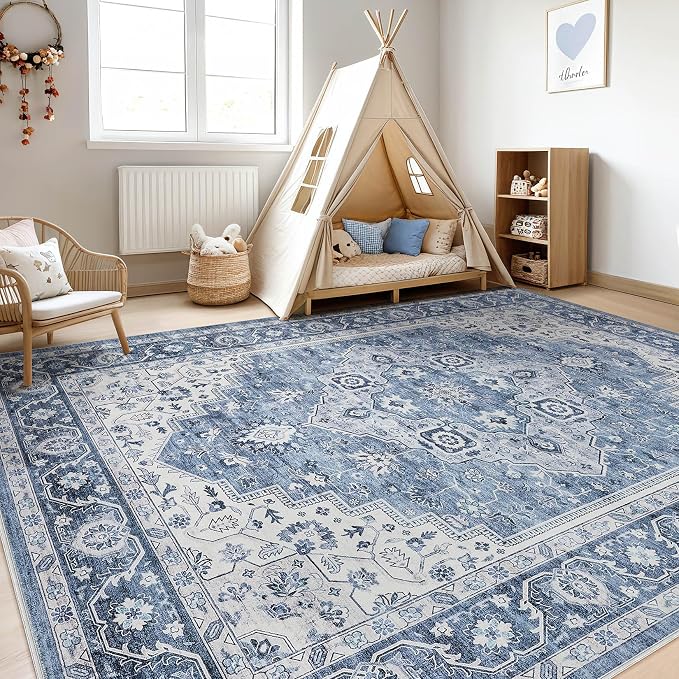 6x8 Area Rug Living Room: Washable Boho Large Neutral Vintage Soft Rug Stain Resistant Farmhouse Non-Slip Indoor Floor Retro Carpet for Bedroom Nursery Kids Office Dining Room- Blue Gray