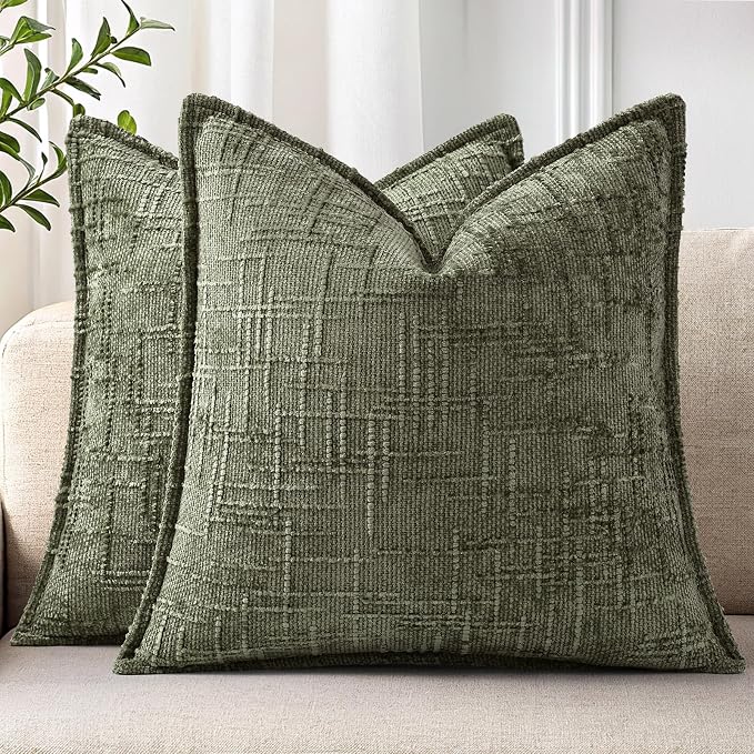decorUhome Chenille Decorative Throw Pillow Covers 16x16 Set of 2,Olive | Soft Texture, Slubby Modern Design, Flange Edges, Cozy Accent Pillow Covers for Couch, Sofa, Bed, Living Room