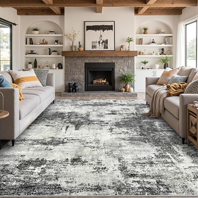 9x12 Area Rugs Living Room Rugs: Large Washable Rug with Anti-Slip Backing Non-Shedding Stain-Resistant Soft Abstract Carpet for Bedroom Dining Room Nursery Home Office - Black