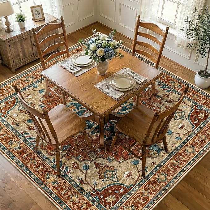 RELEANY Area Rugs Square 8ft Washable Non-Slip, Floral Vintage Distress Medallion Carpet for Living Room Bedroom Dining Room, Red Orange Blue Brown