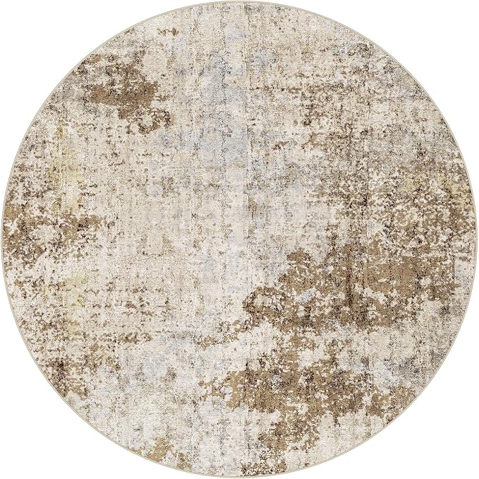 5ft Round Area Rug Living Room Rugs - 5x5 Washable Large Soft Indoor Neutral Modern Abstract Low Pile Rug Carpet for Bedroom Dining Room Farmhouse Home Office - Light Brown