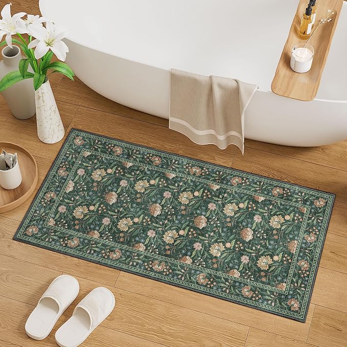 DUKINO 2x4 Rug, Washable Vintage Floral Entryway Rug Non Slip, Green | Low Pile, Non-Shedding, Stain Resistant Boho Lightweight Soft Indoor Carpet for Kitchen Bathroom Hallway Laundry Farmhouse