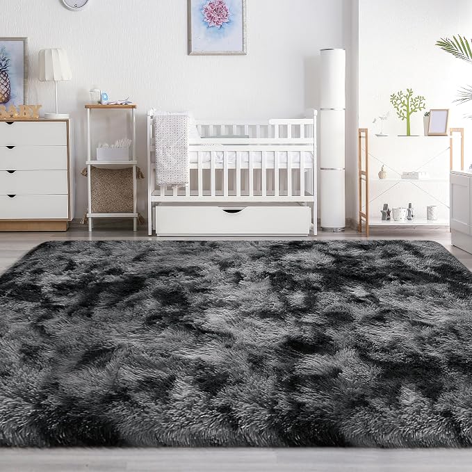 Soft Shaggy Rugs for Bedroom Living Room, 6x9 Tie-Dyed Dark Grey and Black Rug Plush Fuzzy Fluffy Carpet Indoor Modern Shag Area Rug for Kids Room Boys Girls Dorm Nursery Home