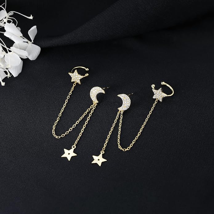 SLUYNZ 925 Sterling Silver Cuff Earrings Chain for Women Asymmetric Star Moon Earrings Crawler Dangling Chain