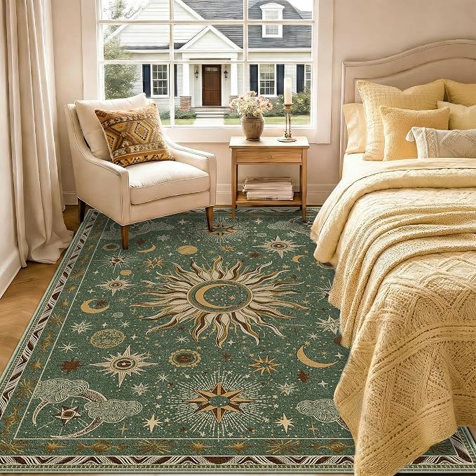 Vacuum-Friendly, 6x9 Washable Area Rug, Green Brown | Sun and Moon Boho Gothic Non-Slip Low Pile Living Roon Bedroom Dining Room Kitchen Entry Entryway Entrance Hallway Doormat