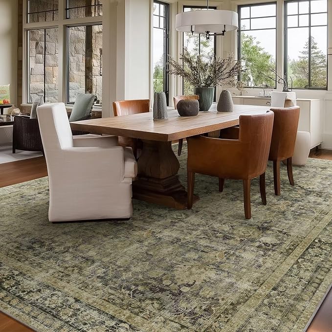 Boho Washable 8x10 Area Rugs for Living Room, Cushioned, Dark Green | Vintage Non-slip Neutral Oriental Rugs for Bedroom Dining Room Nursery Office High Traffic Area
