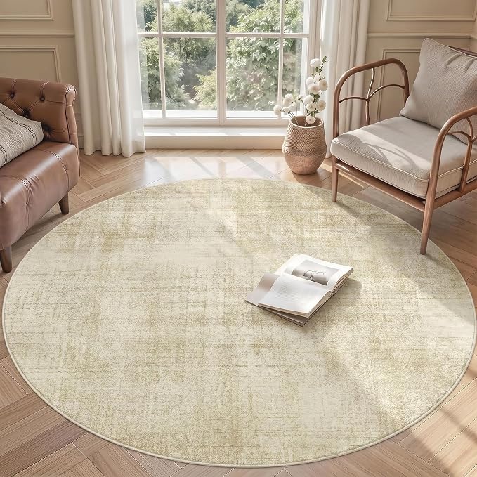 Joydeco 8ft Round Washable Area Rug Classic, Beige | Non-Slip Large Circle Carpet Low Pile for Living Room Bedroom Dining Room
