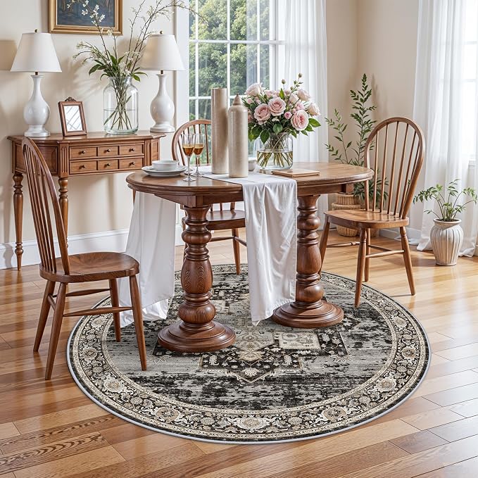 Living Room 4round Area Rugs - Boho Rugs for Bedroom Kitchen Stain Resistant Carpet Vintage Tribal Rugs for Dining Room Bathroom with Non Slip Backing Home Decor Floor Mat 4ft Black