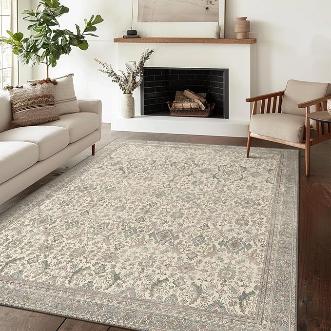 BESBLEE 3X5 Area Rugs Machine Washable Rugs for Living Room, Vintage Boho Large Rugs for Bedroom Dining Room, Non Slip Indoor Soft Distressed Lightweight Thin Low Pile Carpet, Cream