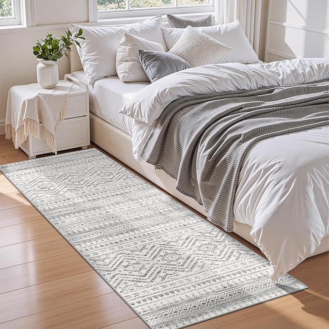 Miukiki 2x6 Hallway Runner Rug Moroccan Washable Runner Rug with Soft Low Pile and Non-Slip Backing Indoor Carpet for Kitchen Entryway Living Room Bathroom and Laundry Room (Grey,2'x6')