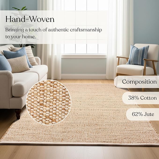 Handwoven Jute and Cotton Area Rug - Natural Rug, Farmhouse Accent Rug for Living Room, Bedroom, or Entryway - Sustainable, Flatweave - (5x8 Ivory)