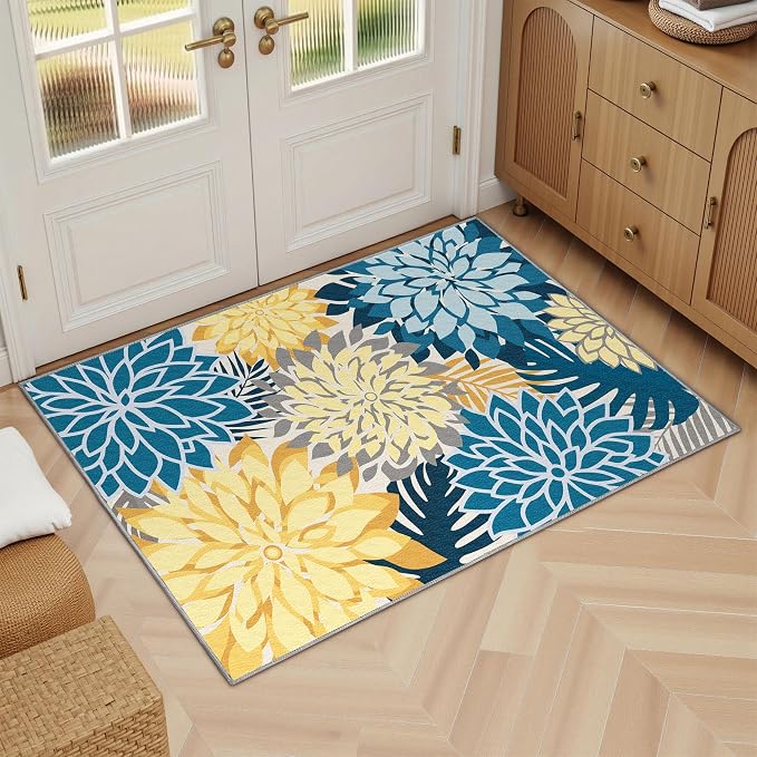 Arenarug 2x3 Colorful Washable Small Rug Tropical Botanical Modern Floral Indoor Chenille Door Mat Carpet Non Slip for Patio, Entry Way, Entrance, Porch, Ocean Dahlia