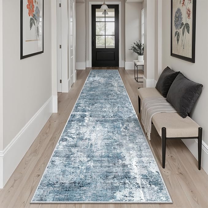 Soalmost Runner Rug 2'x10' Abstract Washable Non-Slip Runner Rugs for Kitchen Bathroom Laundry Room Blue Vintage Floor Carpet Runners for Hallway Entryway