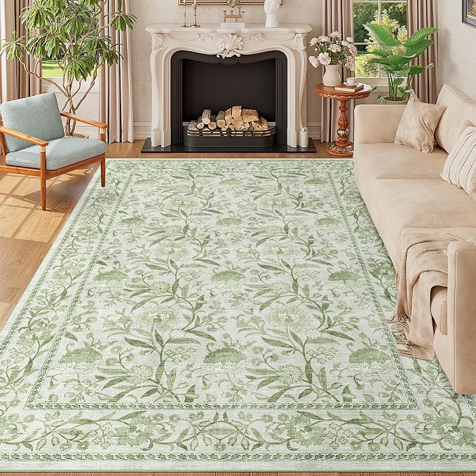DUKINO 6x9 Area Rug Vintage Floral Washable Rugs for Living Room Sage Green | Non Slip, Low Pile, Non-Shedding, Stain Resistant Soft Large Carpet for Bedroom Home Office Dining Room Farmhouse, Home Decor