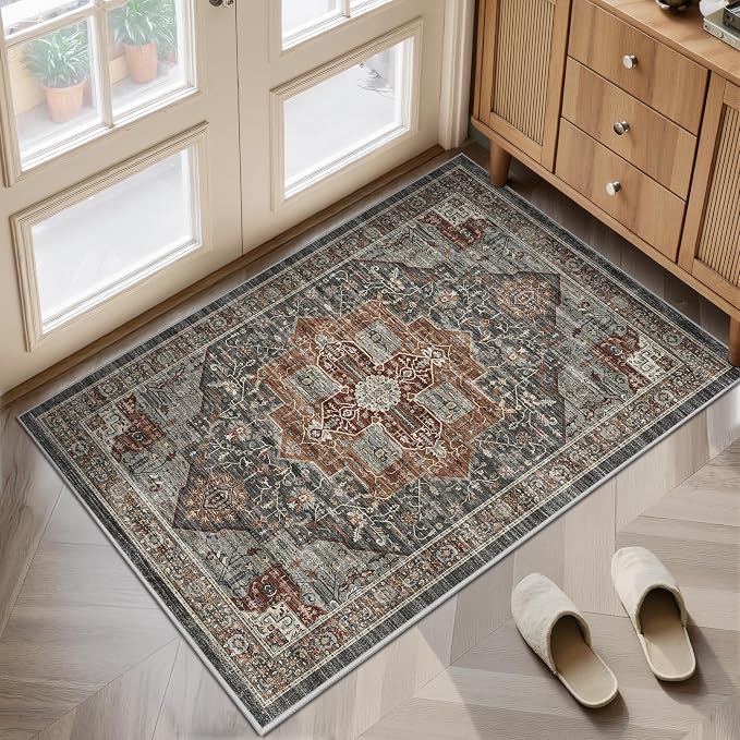 Roxstand 2x3 Washable Entryway Area Rug, Grey/Brown/Tan | Low-Pile Carpet, Non-slip Backing, Stain Resistant, Rug for Kitchen, Laundry Room, Entryway, Vintage Design