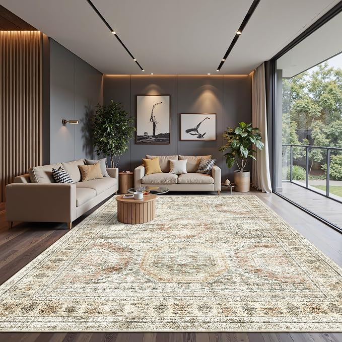 Soalmost 10x14 Area Rugs for Living Room, Non Slip Machine Washable Vintage Rugs, Low Pile Lightweight Large Rug for Bedroom, Dining Room, Home Office Brown Pink
