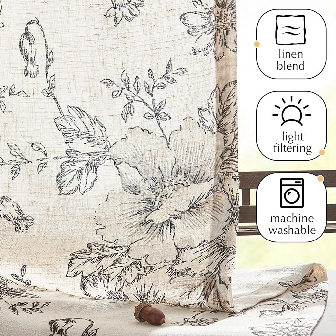 jinchan Pinch Pleated Curtains Floral Linen Blend Curtains for Living Room 63 Inch Length Black Peony Flower Printed Curtain Rod Pocket Back Tab Farmhouse Pinch Pleat Drapes with Hooks Set 2 Panels