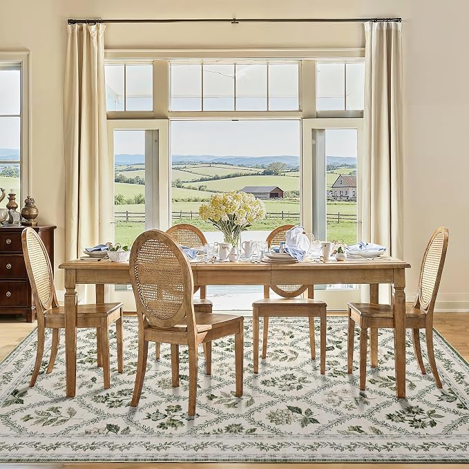 Green Area Rug 6x9 Olive Green and Beige Cream Rugs for Living Room, Non Slip Vinatge Boho Bedroom, Low-Pile Print Flower Leaf Floral Floor Covering Carpet for Home Office, Dining Room