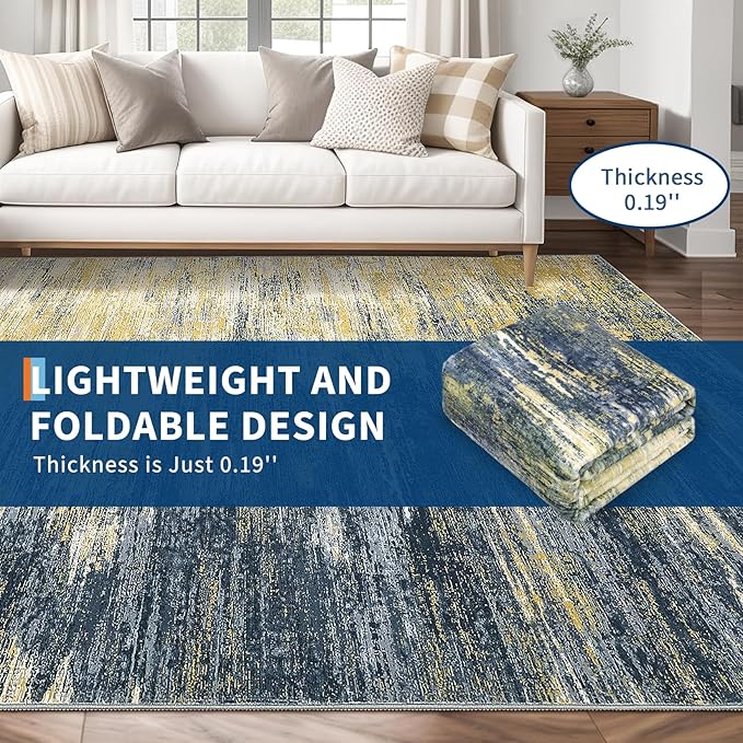 ROYHOME Washable Rug 9x12 Area Rug for Living Room, Non Slip Abstract Rug for Bedroom, Ultra Soft Area Rug, Low Pile Soft Contemporary Indoor Floor Carpet Cover, Blue/Brwon