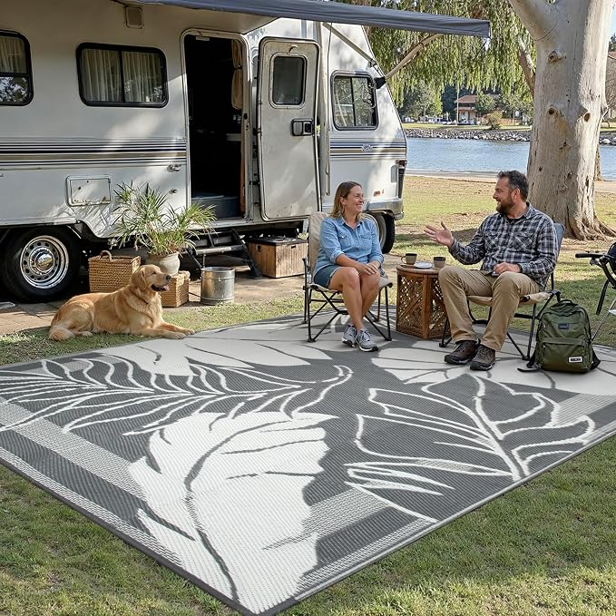 HUGEAR 9'x12' Outdoor Rug Waterproof Plastic Straw Rugs Large Grey Reversible Olive Leaf Mat Floor Carpet for Camping RV Deck Entryance Porch Picnic Balcony Beach Backyard