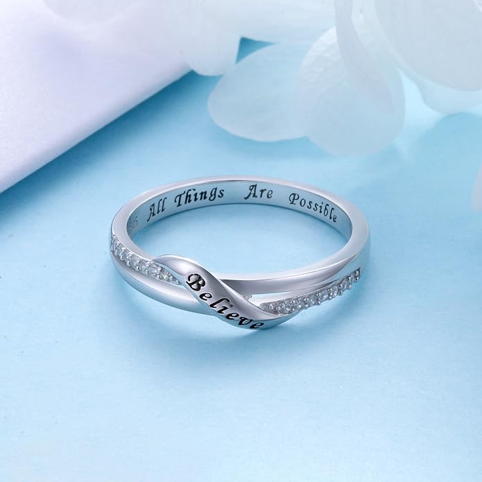 DAOCHONG Inspirational Jewelry Sterling Silver Engraved Believe All Things are Possible Band Ring for Women Girlfriend, Size 5-10