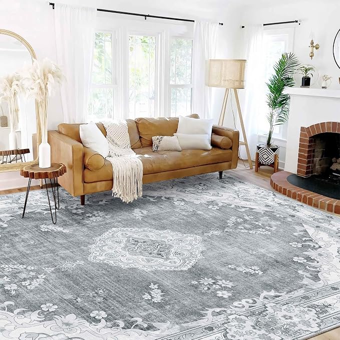 MUJOO 9x12 Area Rug Grey Washable Rug Non Slip Low-Pile Floral Large | Machine Washable Throw Carpet for Living Room Bedroom Dining Room Boho Soft Big Floor Indoor Vintage Bohemian Flowers