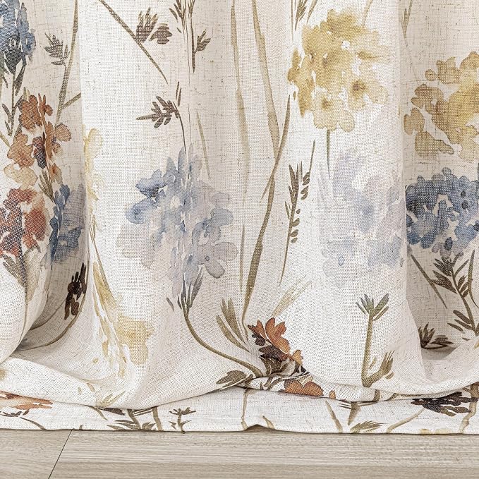 MYSKY HOME Linen Floral Curtains & Drapes 63 Inch Long 2 Panels Semi Sheer Light Filtering Privacy Flower Print Grommet Window Treatments for Kitchen Bedroom, 52" Wide Each Panel, 2 Pcs, Yellow