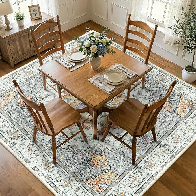 RELEANY Area Rugs Square 7ft Washable Non-Slip, Floral Vintage Distress Medallion Carpet for Living Room Bedroom Dining Room, Beige Carbon Grey Orange