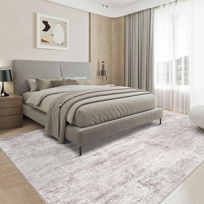 Abstract 8x11 Area Rug: Machine Washable Non Slip Ultra Thin Low-Pile Carpet, Soft Stain Resistant for Living Dining Room Bedroom, Kid Pet Friendly, Robot Vacuum Compatible - Brown Grey