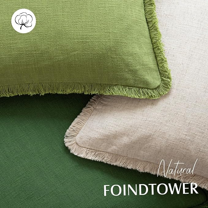 Foindtower Set of 2 Decorative Linen Fringe Lumbar Throw Pillow Covers Boho Farmhouse Cushion Cover with Tassels Soft Accent Pillowcase for Couch Sofa Living Room Home Decor,12×20 Inch,Forest Green