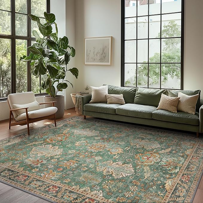 Bavni Living Room Rug, Modern Area Rugs 5x7 Non-Slip Washable, Chenille Printed Vintage Rugs for Bedroom Dinning Room Office, Sage/Gold